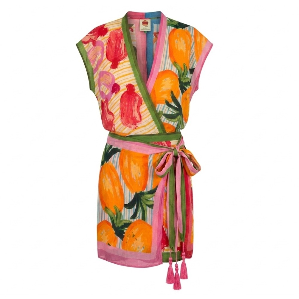 Farm Rio Fruits Scarves Blouse and Skirt Set Multicolor Tie Waist Wrap Size S M